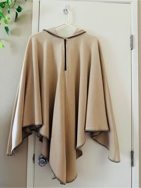 Hooded Poncho by Style Studio in Beige with Brown Accents. One Size